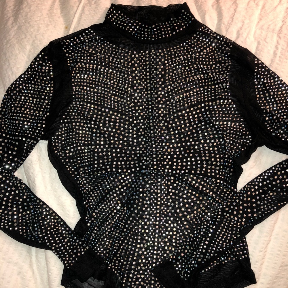 Rhinestone mesh black top